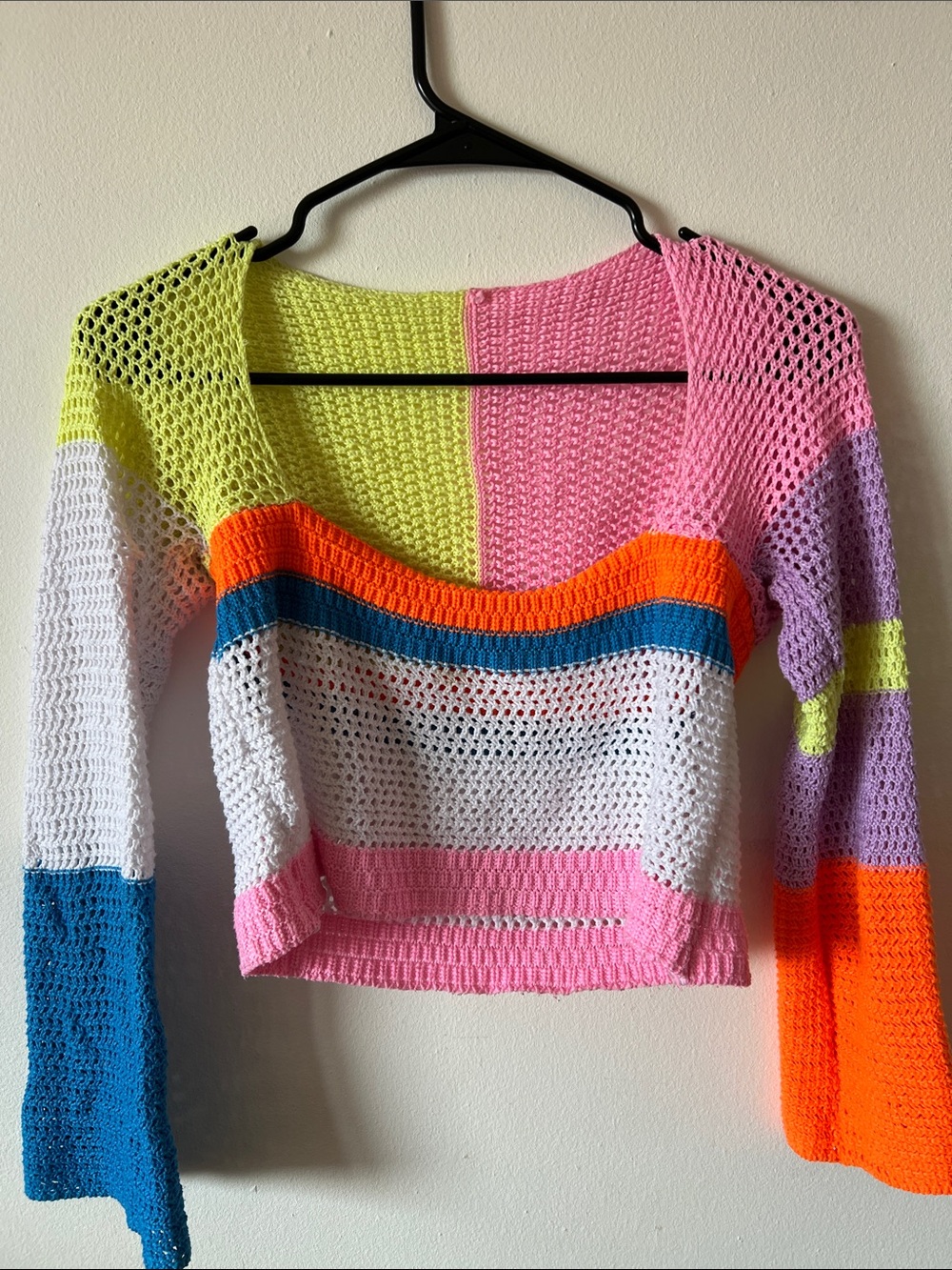Colorblock Crochet Off-the-Shoulder Sweater - Pink, White & Multi